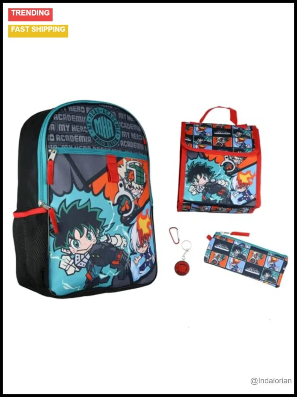 My Hero Academia Backpack Set Lunch Tote Pencil Case Keychain Carabiner 5 Piece